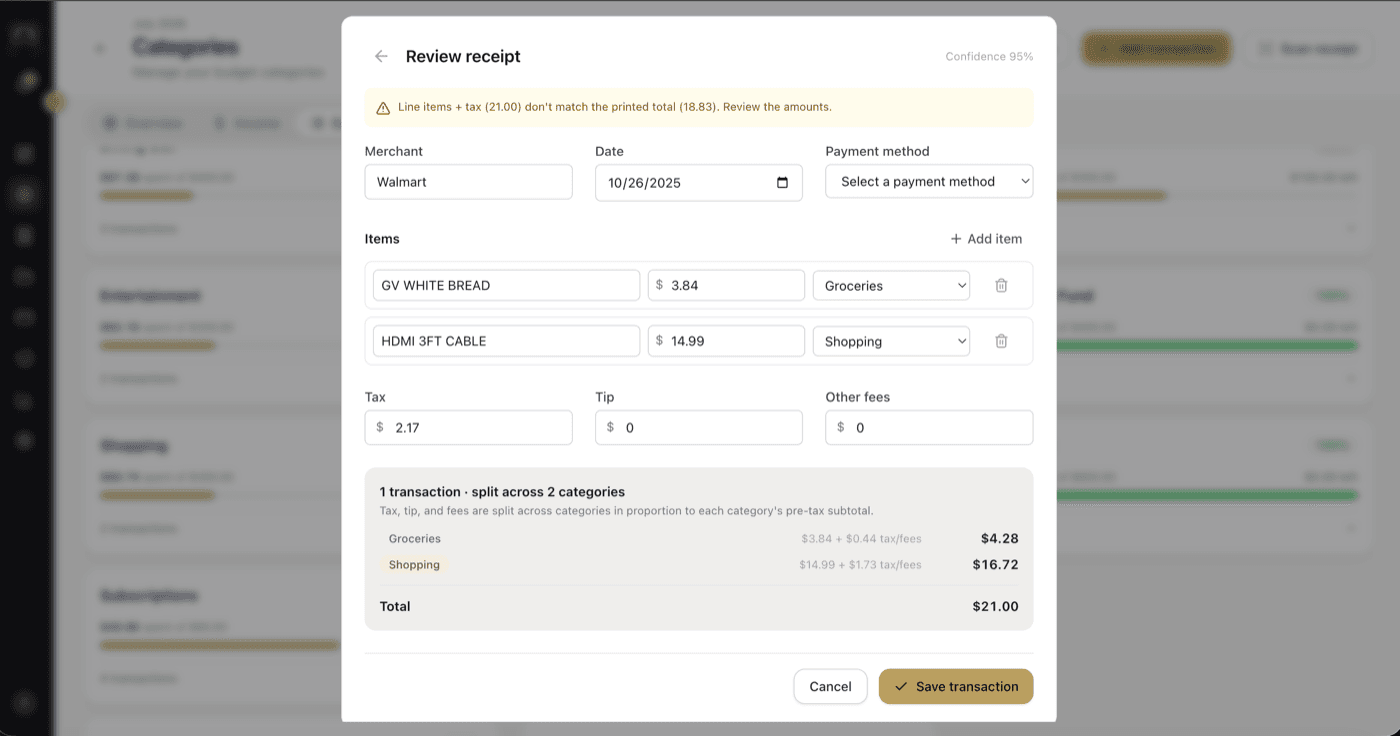 Ronin transactions with the AI receipt-scan modal pre-filling a category.