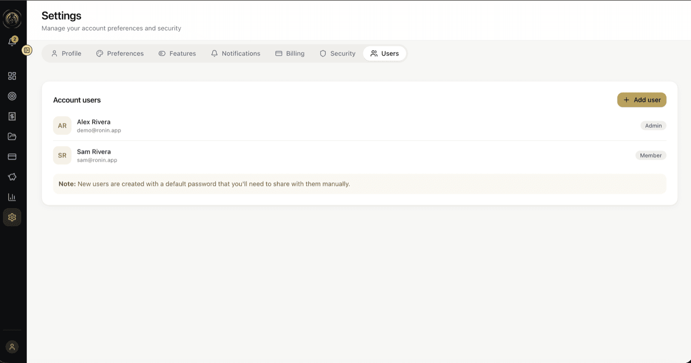 Ronin household members and settings screen with shared access.
